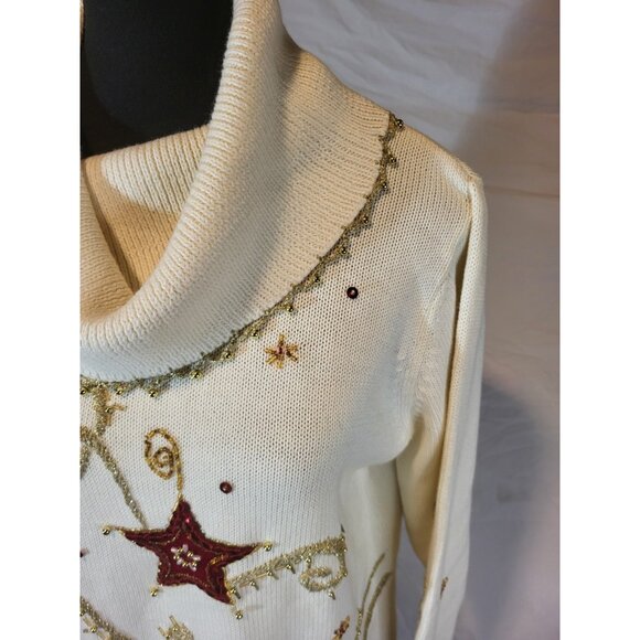 Theme Works by KiKiT Women's Cream Ugly Christmas Sweater Cowl Neck Sweater M - Picture 3 of 7